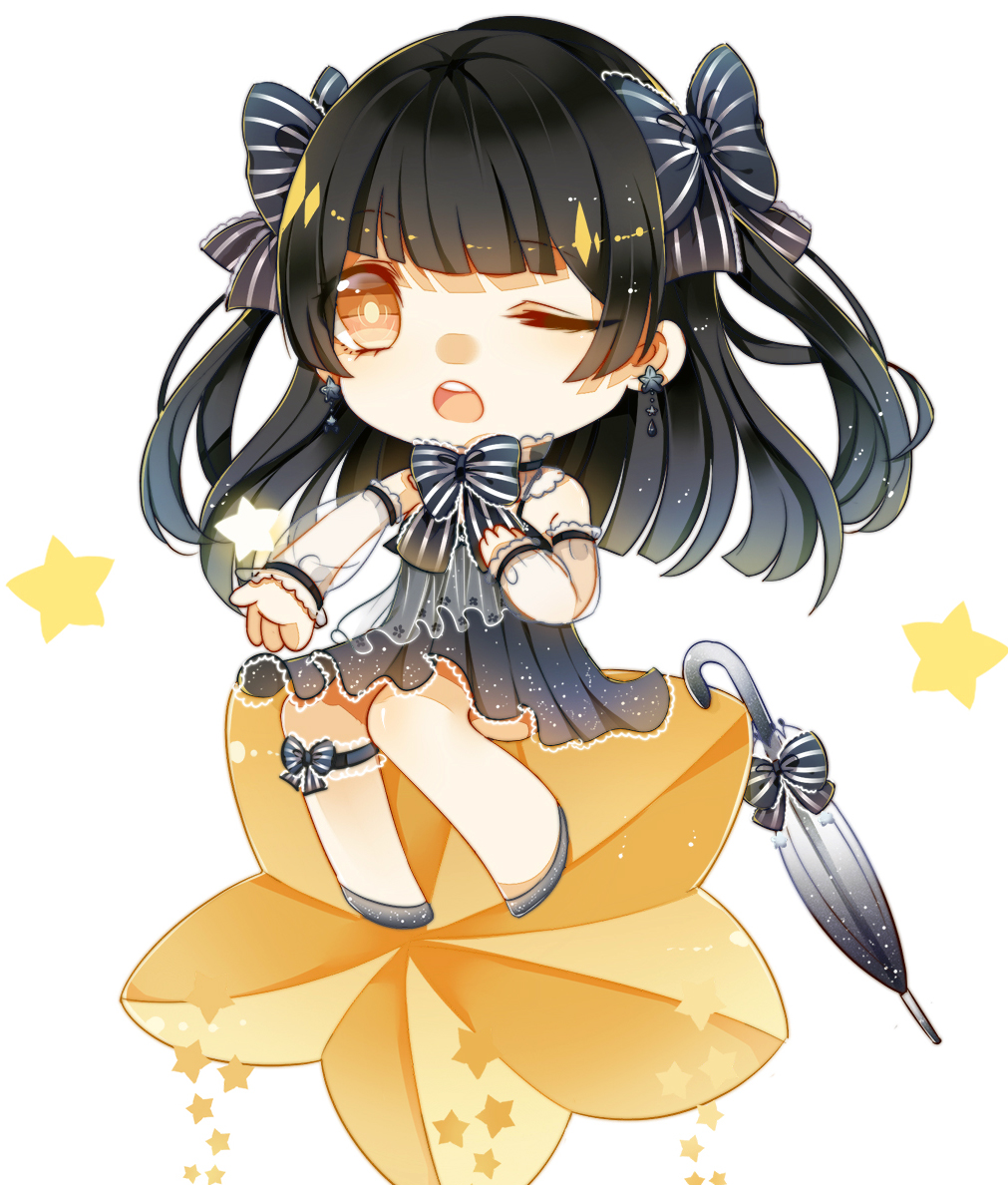1girl, bare_shoulders, black_bow, black_footwear, black_hair, black_umbrella, blue_bow, blue_bowtie