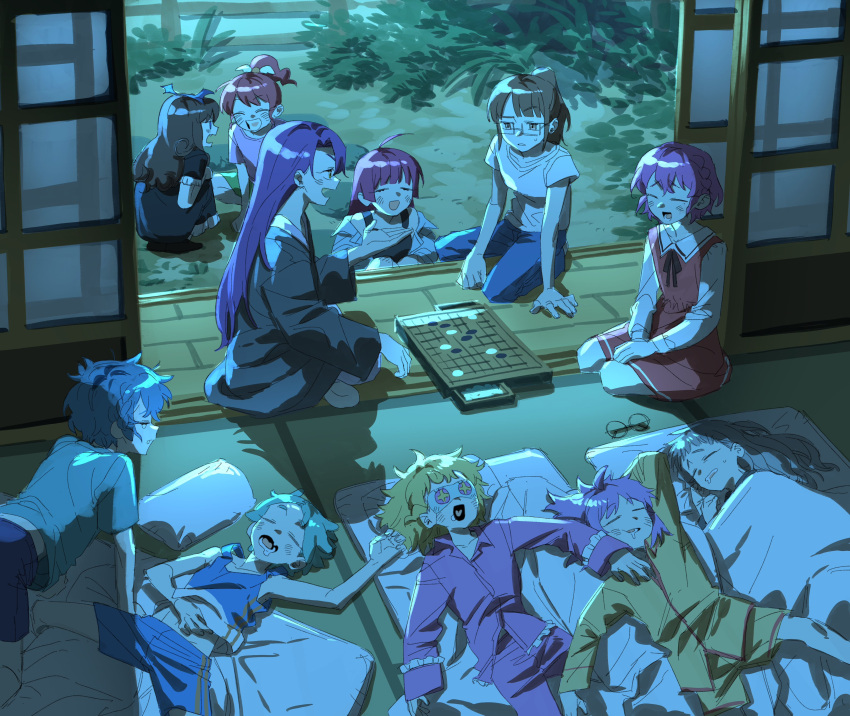 1boy, 6+girls, absurdres, ahoge, blonde_hair, blue_hair, blue_pants, board_game
