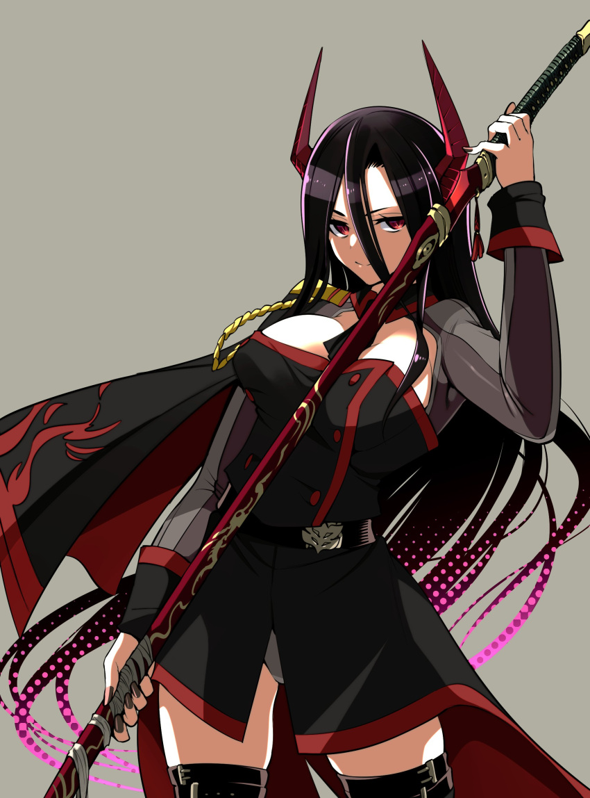 1girl, absurdres, black_dress, black_hair, breasts, cowboy_shot, demon_horns, dress, genderswap, genderswap_(mtf), highres, holding, holding_sword, holding_weapon, horns, ishiyumi, large_breasts, long_hair, looking_at_viewer, ma_no_mono-tachi, master_(ishiyumi), panties, red_eyes, red_horns, side_cape, solo, sword, underwear, weapon