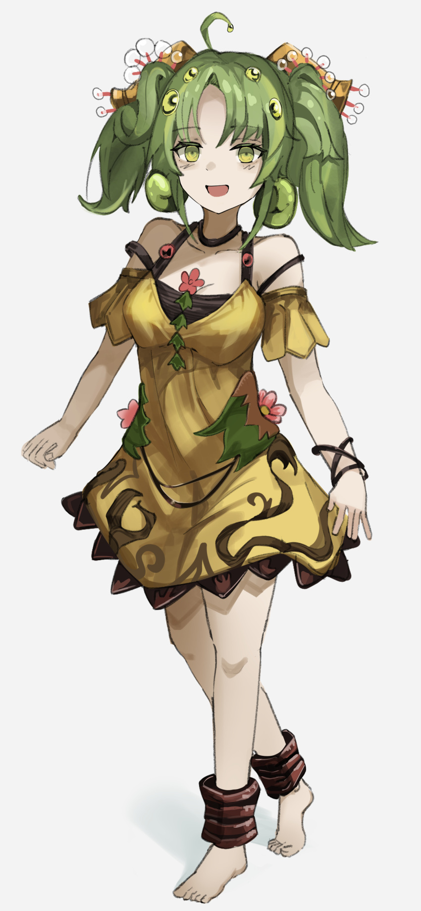 1girl, :d, absurdres, ahoge, antenna_hair, bare_shoulders, barefoot, collarbone