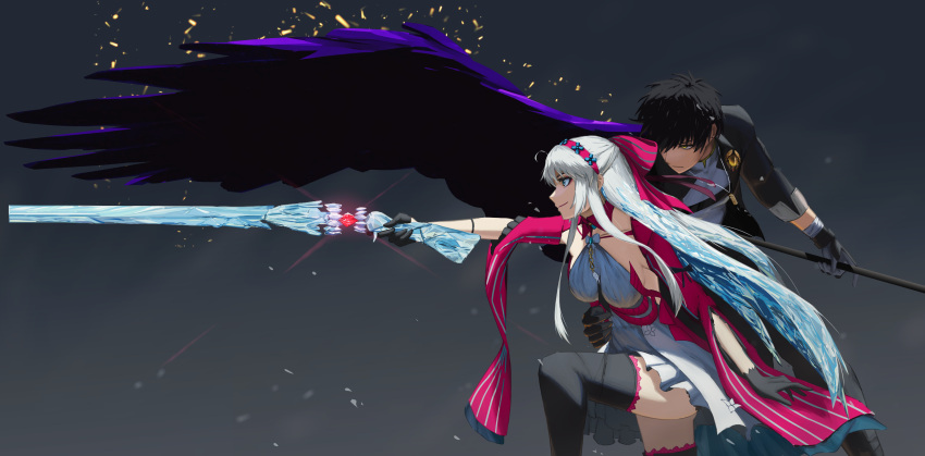 1boy, 1girl, ahoge, black_gloves, black_hair, black_jacket, black_wings, blue_eyes, boots, bow, carlotta_(wuthering_waves), coat, dress, earrings, gloves, gun, hair_bow, hairband, headband, highres, holding, holding_gun, holding_weapon, jacket, jewelry, key_earrings, male_rover_(wuthering_waves), paperpillar, parted_bangs, pink_bow, pink_coat, pink_hairband, pink_headband, pink_jacket, pink_thighhighs, rover_(wuthering_waves), simple_background, thigh-highs, weapon, white_dress, white_hair, wings, wuthering_waves, yellow_eyes