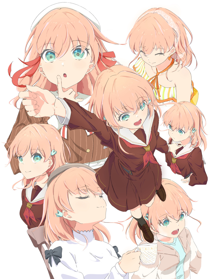 >:(, 1girl, :d, :o, \m/, ^_^, absurdres, aqua_eyes, arm_up, armpit_crease, beret, black_bow, black_socks, blue_shirt, bow, breasts, brown_dress, brown_footwear, brown_hat, brown_jacket, buttons, casual, closed_eyes, closed_mouth, collarbone, collared_shirt, commentary_request, crossed_bangs, cup, double-breasted, dress, dress_shirt, fortune_movie_(love_live!), frilled_dress, frills, frown, fur-trimmed_dress, fur_trim, green_eyes, hair_ornament, hairband, hand_on_own_hip, hasu_no_sora_school_uniform, hat, highres, hinoshita_kaho, hinoshita_kaho_(summer_loungewear), holding, holding_cup, jacket, komekopan_(user_jmea4488), lace_hairband, link!_like!_love_live!, loafers, long_sleeves, looking_at_viewer, love_live!, medium_breasts, medium_dress, medium_hair, multiple_views, neck_ribbon, neckerchief, official_alternate_costume, on_chair, open_clothes, open_jacket, open_mouth, orange_hair, pinstripe_jacket, pinstripe_pattern, pleated_dress, rabbit_hair_ornament, red_neckerchief, red_ribbon, ribbon, sailor_collar, sailor_dress, school_uniform, see-through_hairband, shirt, shoes, sidelocks, simple_background, single-shoulder_dress, single_bare_shoulder, sitting, smile, socks, split_mouth, steam, striped_ribbon, suisai_sekai, sweater, t-shirt, teacup, tears, teeth, two_side_up, v-shaped_eyebrows, virtual_youtuber, white_background, white_dress, white_hat, white_sailor_collar, white_shirt, white_sweater, winter_uniform