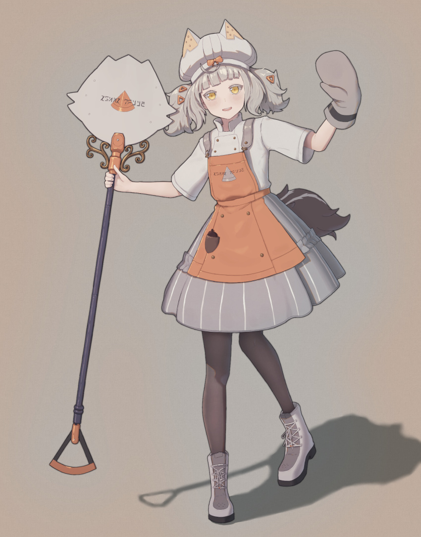 1girl, apron, bow, chef_hat, gloves, hand_up, hat, highres, holding, holding_staff, inficer, looking_at_viewer, margherita_(wuthering_waves), open_mouth, orange_apron, ribbon, shirt, short_hair, simple_background, staff, white_hat, white_shirt, wuthering_waves, yellow_eyes, yellow_ribbon