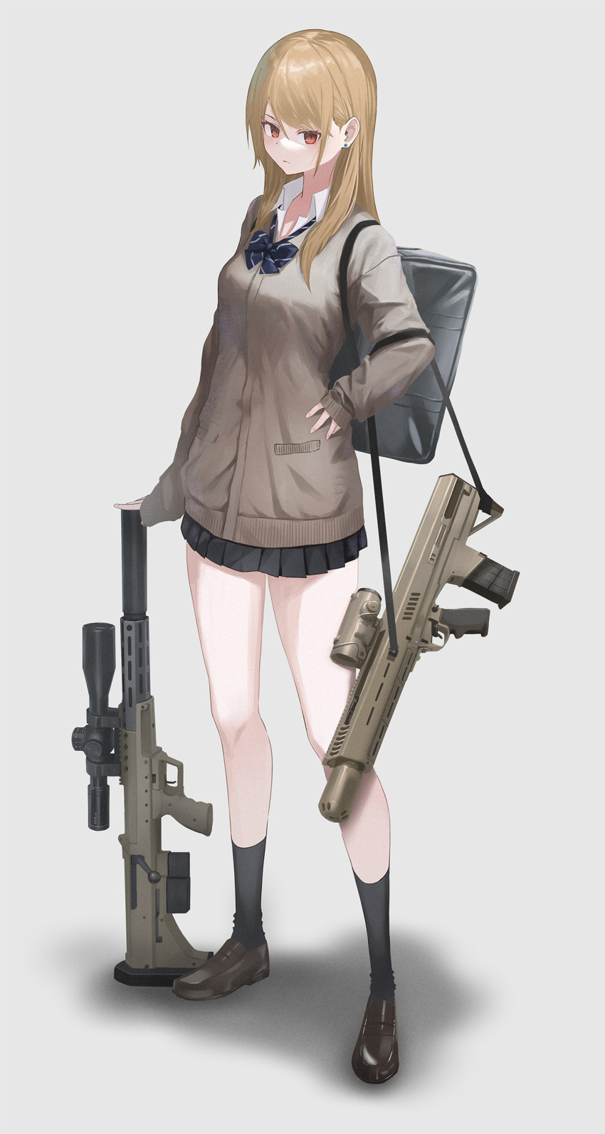 1girl, absurdres, bag, black_skirt, black_socks, blonde_hair, blue_bow, blue_bowtie