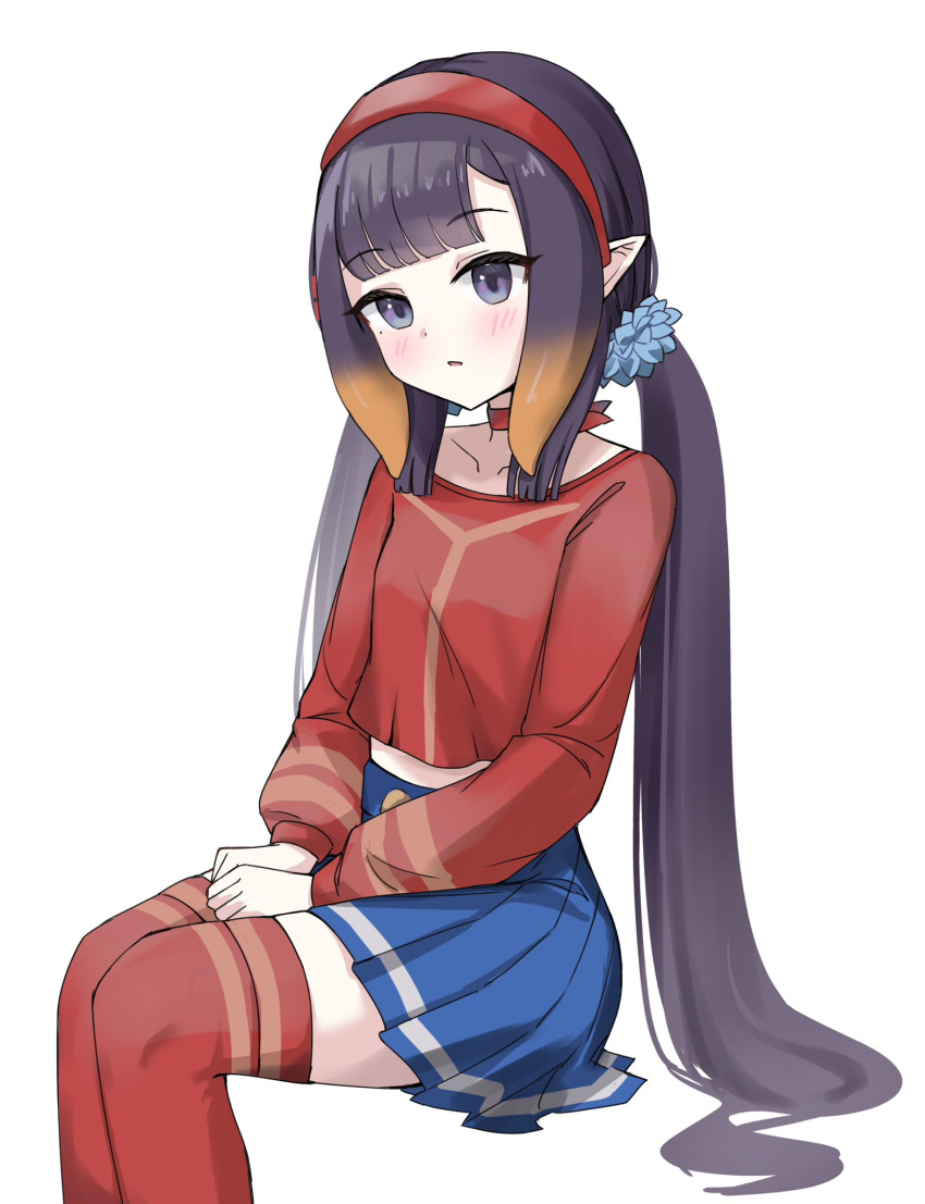 1girl, blue_skirt, blunt_bangs, blunt_ends, cattocut, center-flap_bangs, choker, commentary