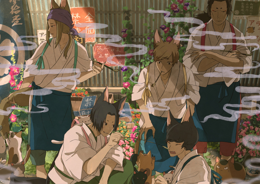 5boys, absurdres, animal, animal_ears, apron, black_eyes, black_hair, blue_apron