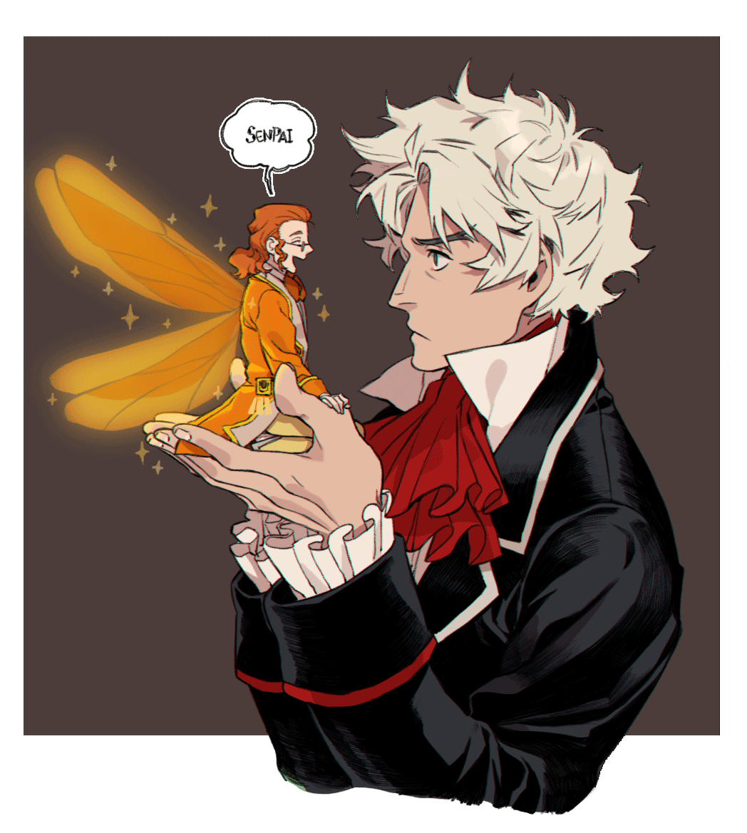 2boys, ascot, black_jacket, border, brown_hair, classicaloid, closed_mouth, coat