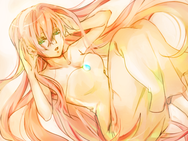 armpits, bad_id, bare_shoulders, dress, green_eyes, long_hair, megurine_luka, open_mouth, pink_hair, shiyuta, sleeveless, solo, vocaloid