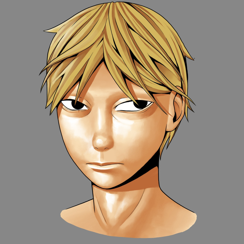 1boy, absurdres, bags_under_eyes, blonde_hair, dreamscreep, grey_background, highres, lips