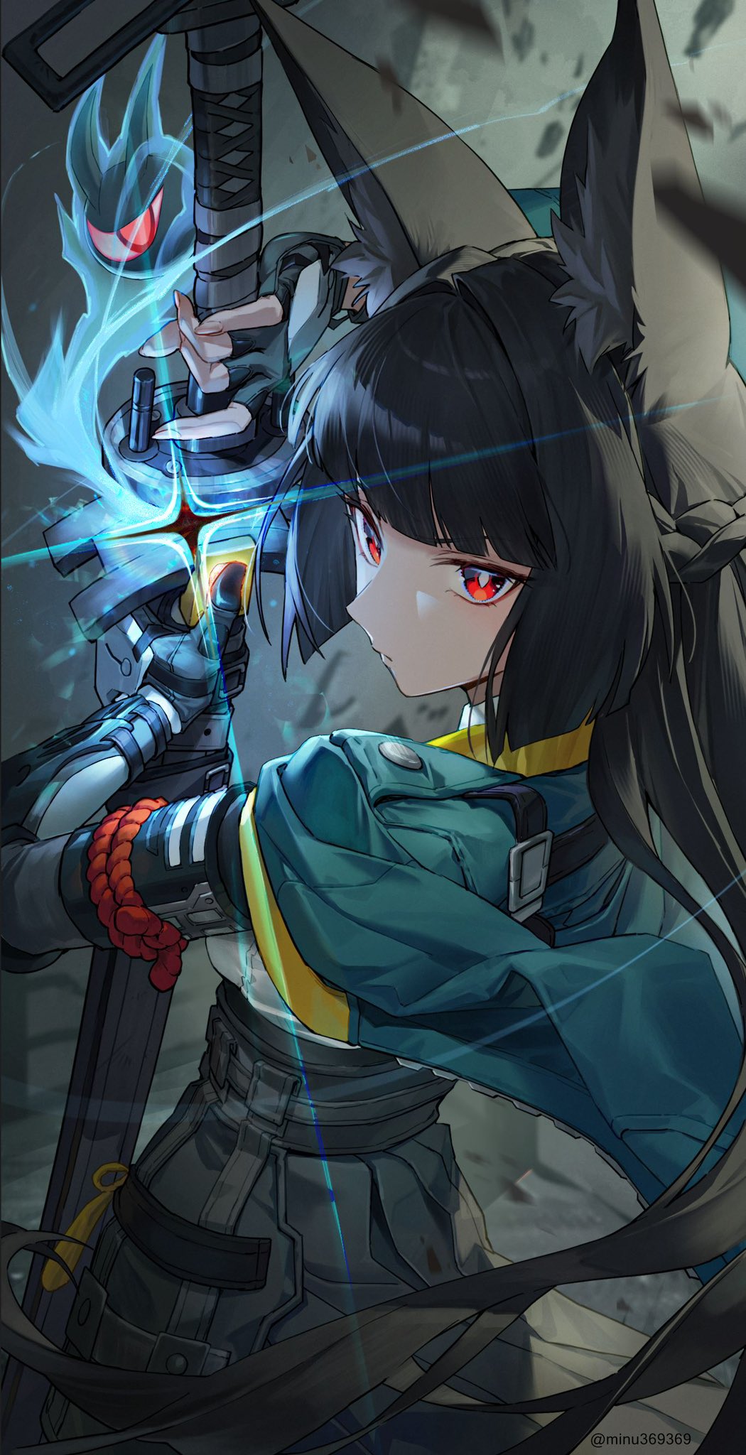 1girl, animal_ear_fluff, animal_ears, black_gloves, black_hair, black_skirt, blunt_bangs, closed_mouth