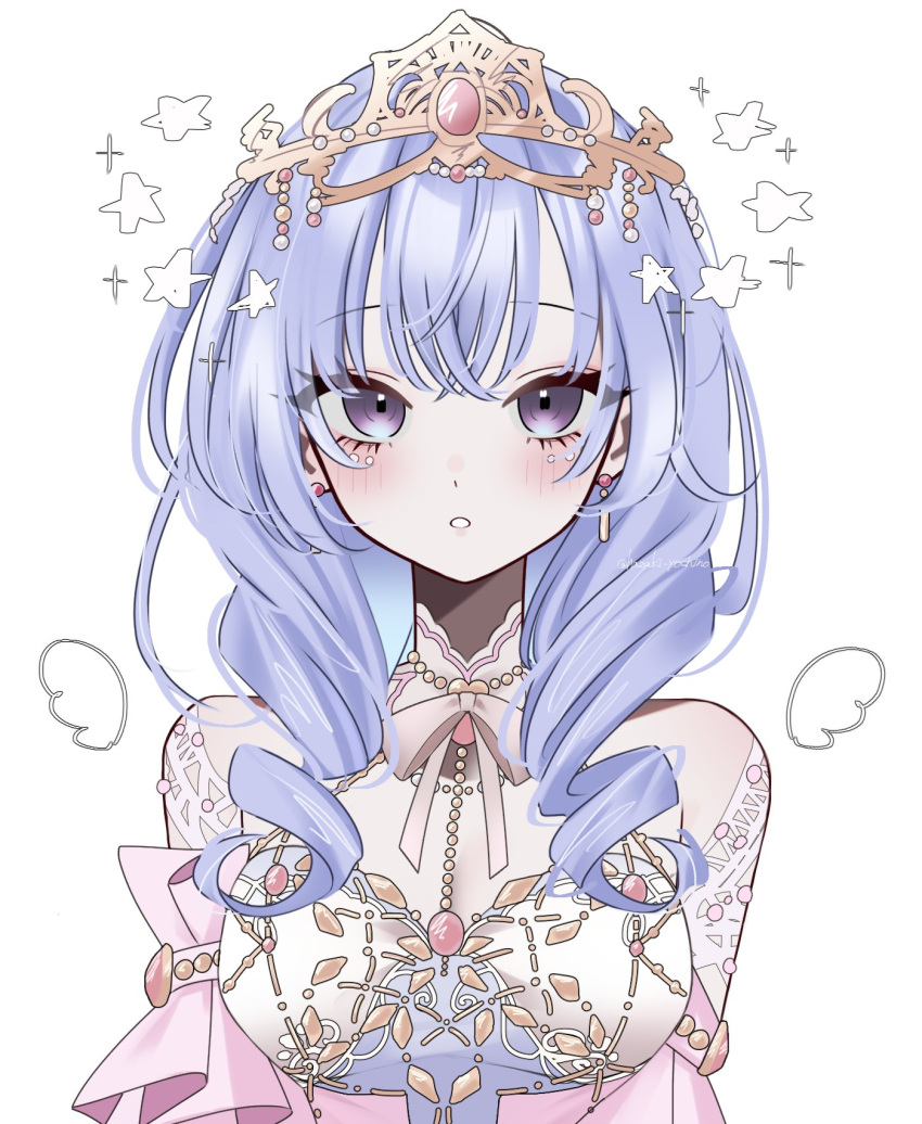 1girl, :o, blue_hair, blush, breasts, commentary_request, dress, earrings