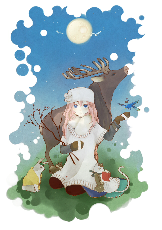 bad_id, bird, blue_eyes, bunny, cat, dress, elk, hat
