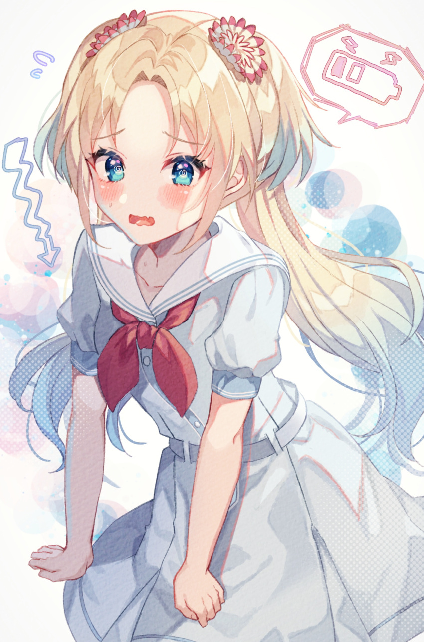 1girl, @_@, abstract_background, arrow_(symbol), battery_indicator, blonde_hair, blue_dress, blue_eyes