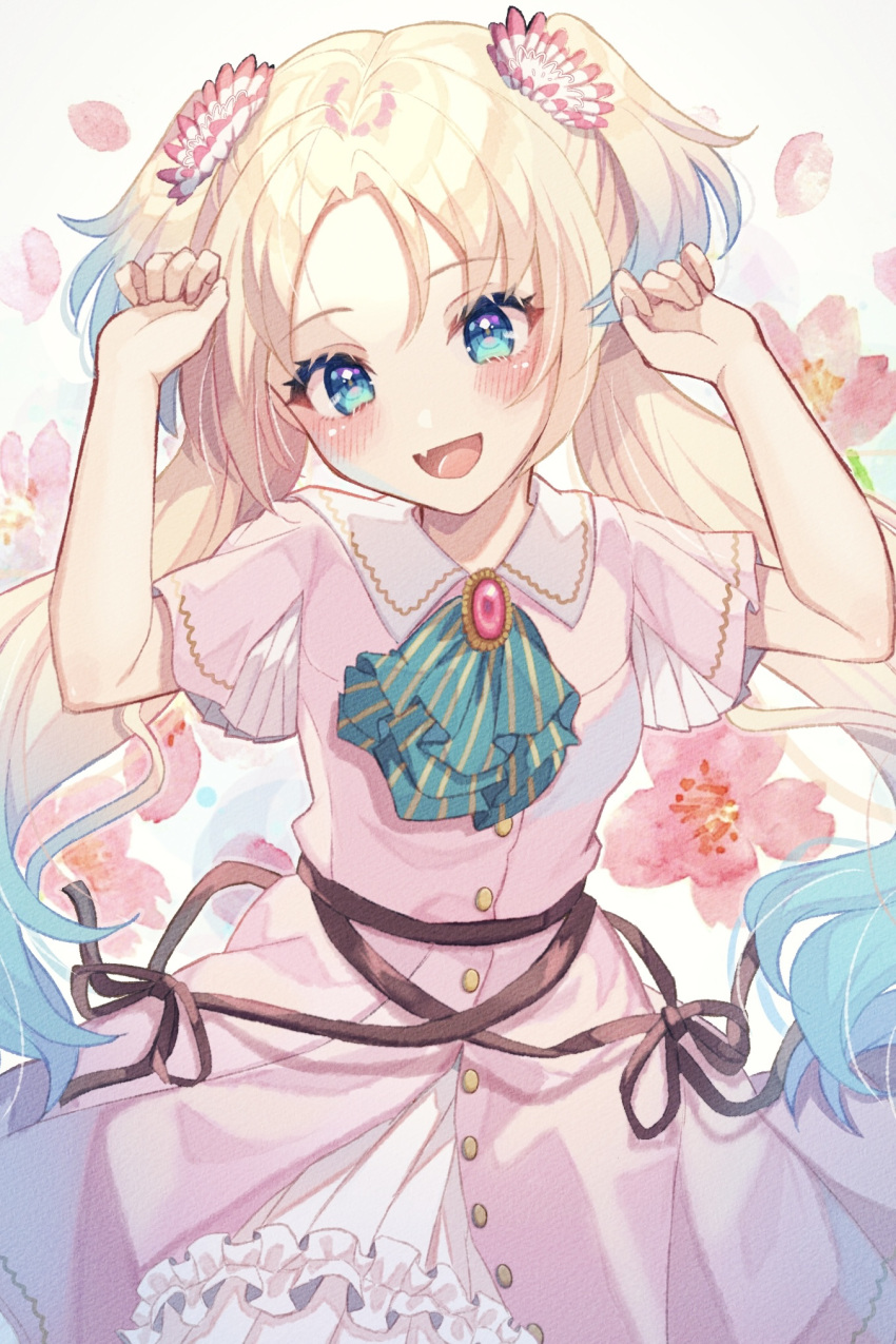 1girl, aqua_ascot, arms_up, blonde_hair, blue_eyes, blue_hair, commentary_request, cowboy_shot