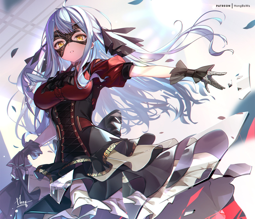 1girl, ascot, bang_dream!, bang_dream!_it's_mygo!!!!!, black_ascot, black_corset, black_gloves, black_mask