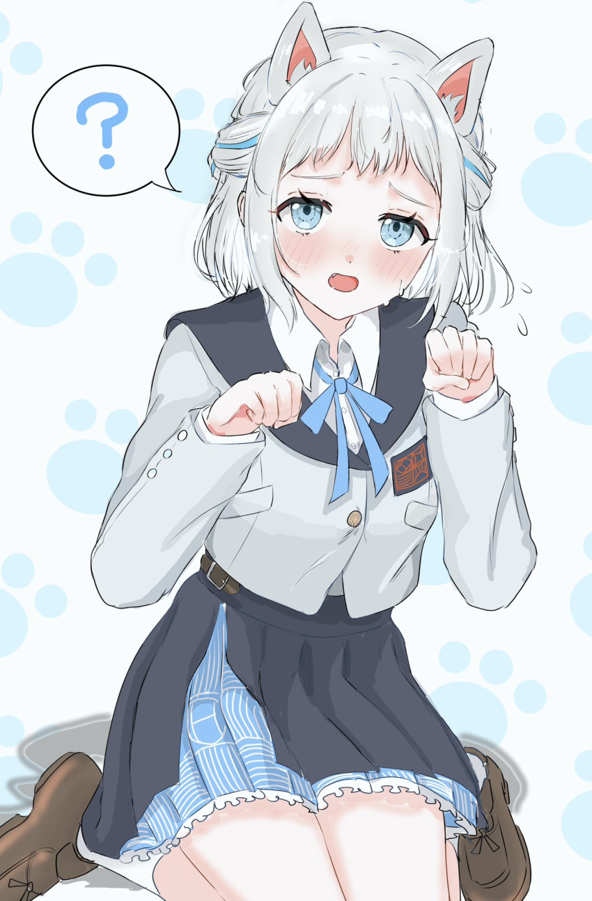 1girl, :o, ?, animal_ears, black_overskirt, blue_eyes, blue_ribbon, blue_skirt, blush, cat_ears, commentary_request, fang, flying_sweatdrops, gakuen_idolmaster, grey_hair, hair_ribbon, half_up_braid, hatsuboshi_gakuen_school_uniform, highres, idolmaster, jacket, katsuragi_lilja, kemonomimi_mode, kneeling, looking_at_viewer, neck_ribbon, ojiramiiiii, paw_pose, ribbon, ribbon_braid, school_uniform, shirt, skirt, solo, spoken_question_mark, sweatdrop, white_jacket, white_shirt