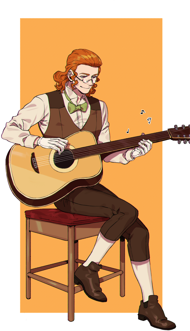 1boy, acoustic_guitar, alpha_transparency, bow, bowtie, brown_footwear, brown_hair, brown_pants, brown_vest, classicaloid, dress_shoes, franz_schubert_(classicaloid), full_body, glasses, gloves, green_bow, green_bowtie, guitar, highres, holding, holding_guitar, holding_instrument, instrument, male_focus, music, musical_note, pants, playing_guitar, playing_instrument, round_eyewear, sf_jd, shirt, sitting, socks, solo, stool, vest, white_gloves, white_shirt, white_socks