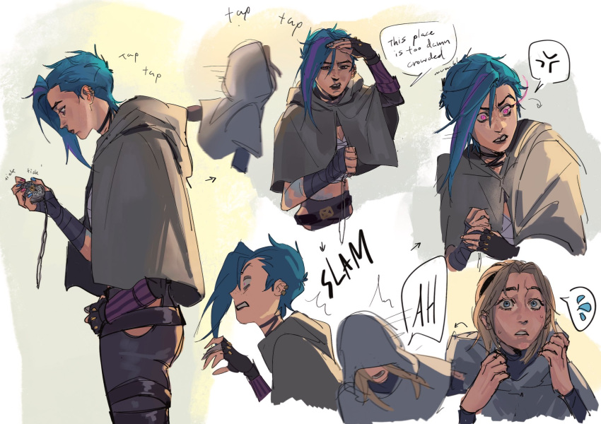 2girls, arcane:_league_of_legends, arcane_jinx, asymmetrical_bangs, blonde_hair, blue_eyes, blue_hair, cape