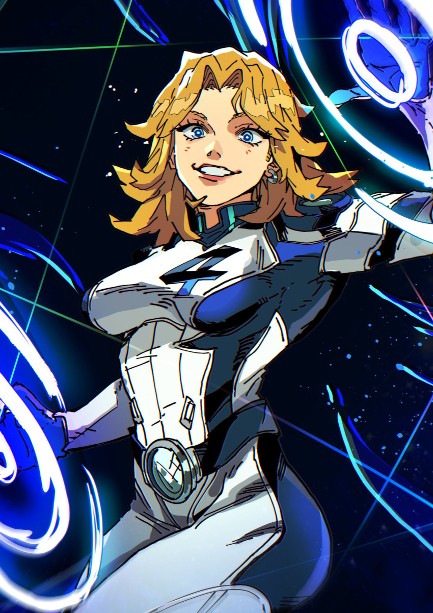1girl, absurdres, blonde_hair, blue_eyes, blush, bodysuit, breasts, earrings, fantastic_four, highres, isaacchief300, jewelry, long_hair, looking_at_viewer, marvel, marvel_rivals, medium_breasts, short_hair, smile, solo, sue_storm, superhero_costume