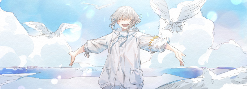 1boy, :d, absurdres, bird, closed_eyes, fate/grand_order, fate_(series), fuyuhi_tsukika