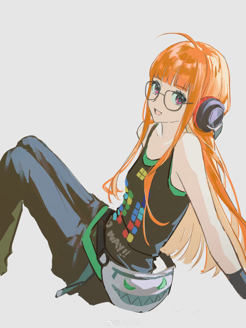 1girl, absurdres, ahoge, bare_shoulders, black-framed_eyewear, black_pants, black_shirt, blunt_bangs, glasses, grey_background, headphones, highres, invisible_chair, long_hair, looking_at_viewer, ns404, open_mouth, orange_hair, pants, persona, persona_5, sakura_futaba, shirt, simple_background, sitting, sleeveless, sleeveless_shirt, smile, solo, very_long_hair, violet_eyes