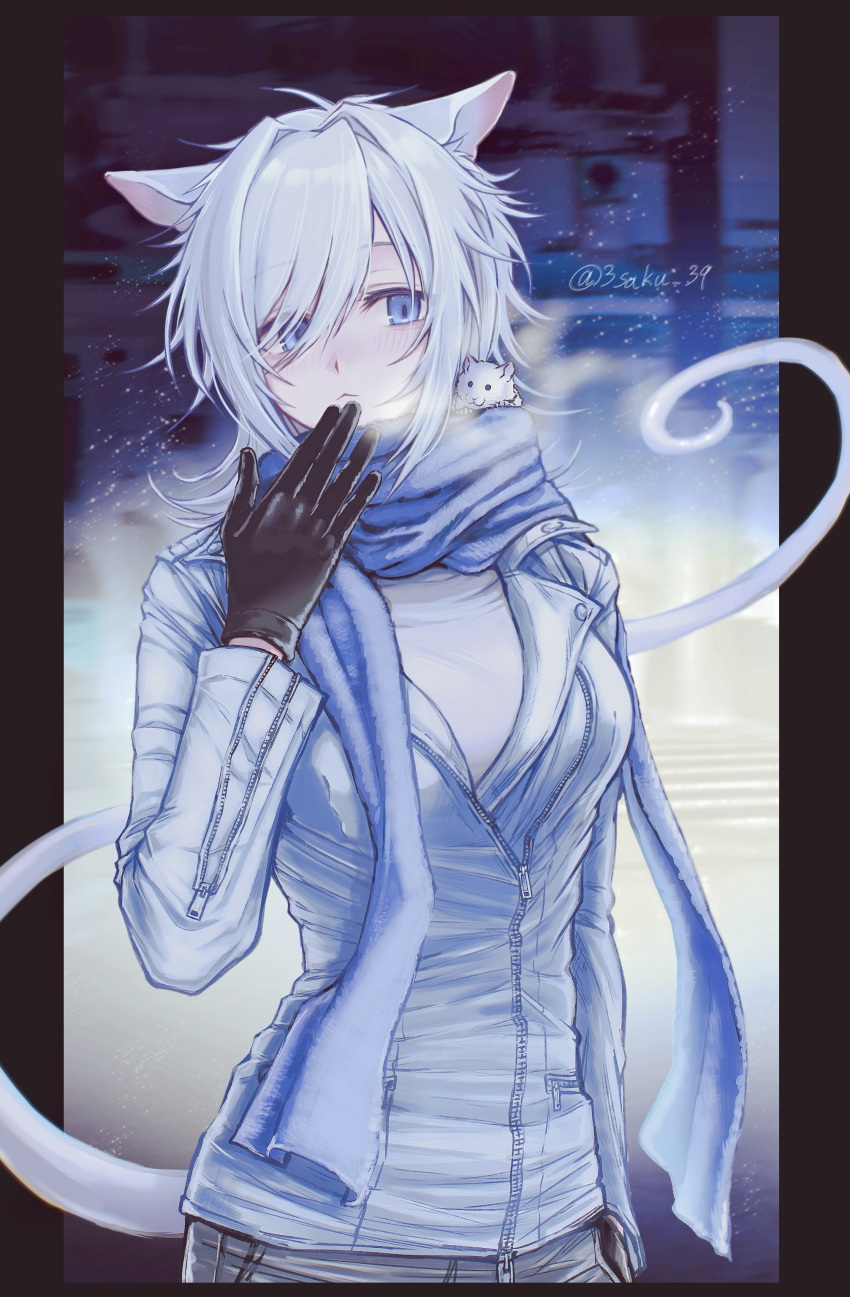 1girl, 3_(sanyako1), absurdres, animal_ears, black_gloves, black_shorts, blue_eyes, blue_scarf