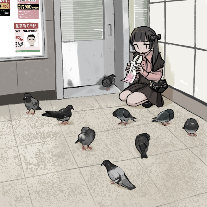 1girl, bag, bird, black_bag, black_bow, black_footwear, black_hair, bow