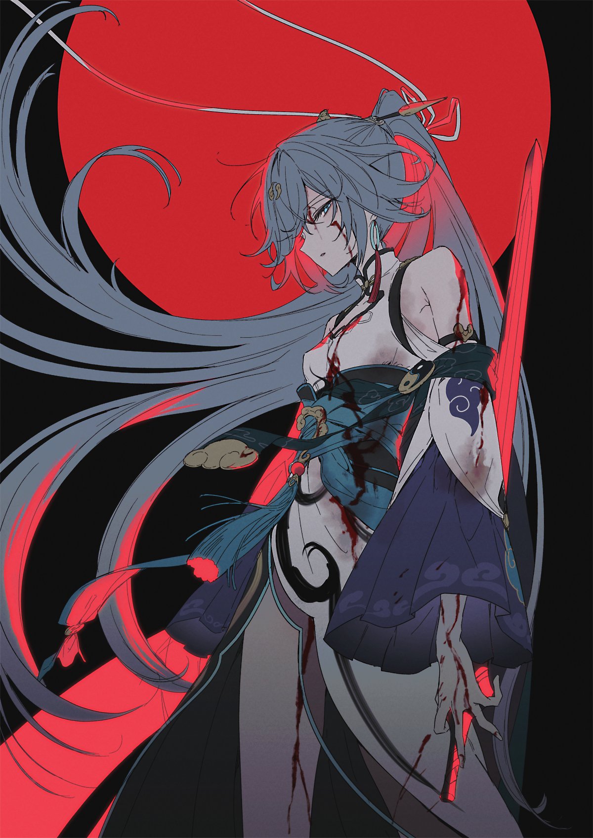 1girl, armpit_crease, blood, blood_on_clothes, blood_on_face, blood_on_hands, blue_eyes, china_dress