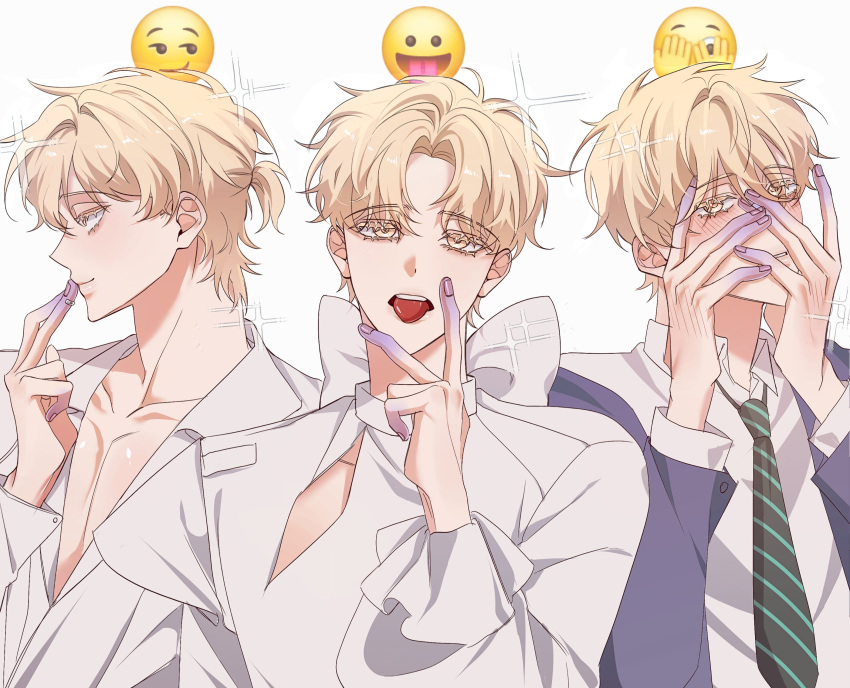 1boy, absurdres, alien_stage, black_necktie, blonde_hair, blue_jacket, blush, clothing_cutout