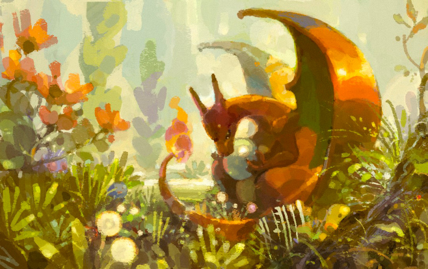 animal_focus, charizard, contest_winner, fire, flame-tipped_tail, flower, grass, holding, no_humans, official_art, orange_flower, outdoors, pokemon, pokemon_(creature), pokemon_tcg, rond, second-party_source