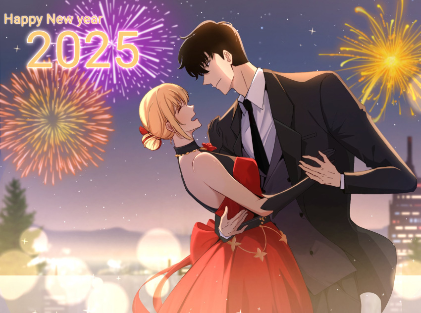 1boy, 1girl, 2025, bare_shoulders, black_hair, black_necktie, blonde_hair, breasts, building, cha_hae-in, closed_eyes, collared_shirt, dress, elbow_gloves, english_commentary, fireworks, formal_clothes, gloves, happy_new_year, highres, lens_flare, long_sleeves, medium_breasts, momo_fanart, necktie, night, open_mouth, outdoors, red_dress, shirt, solo_leveling, sung_jin-woo, tree, vest, white_shirt