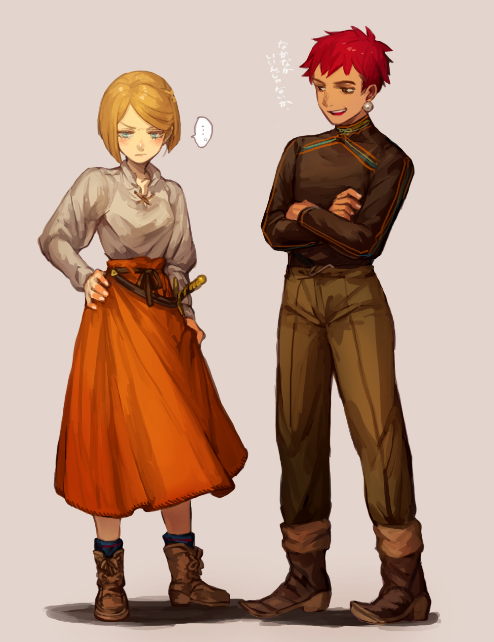 ..., 1boy, 1girl, akaneko_(redakanekocat), blonde_hair, blue_eyes, blush, brown_eagle, brown_footwear, brown_pantyhose, collarbone, commentary_request, crossed_arms, earrings, eminoa, full_body, grey_background, hand_on_own_hip, highres, jewelry, long_skirt, long_sleeves, pantyhose, parted_bangs, pearl_earrings, princess_knight_balzan, red_hair, red_skirt, shirt, shirt_tucked_in, short_hair, skirt, skirt_hold, smirk, spoken_ellipsis, spoken_sweatdrop, sweatdrop, v-shaped_eyebrows, white_shirt