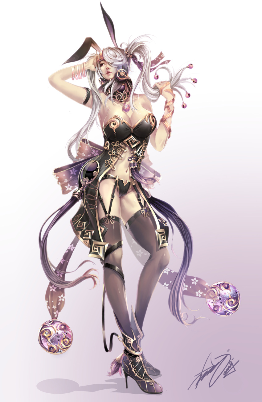 animal_ears, ankle_boots, black_legwear, black_thighhighs, breasts, bunny_ears, choker, cleavage