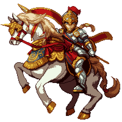 1boy, akaneko_(redakanekocat), armor, battle_standard, commentary_request, eminoa, flag, gauntlets, greaves, helm, helmet, holding, holding_flag, horseback_riding, looking_at_viewer, lowres, original, ornate_armor, pauldrons, pixel_art, princess_knight_balzan, riding, shoulder_armor, simple_background, war_flag, white_background