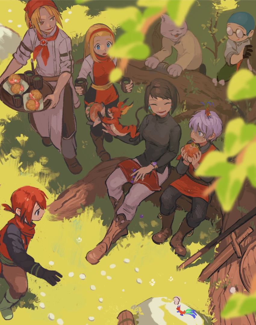 3girls, 4boys, akaneko_(redakanekocat), black_shirt, blonde_hair, blurry, blurry_foreground, boots