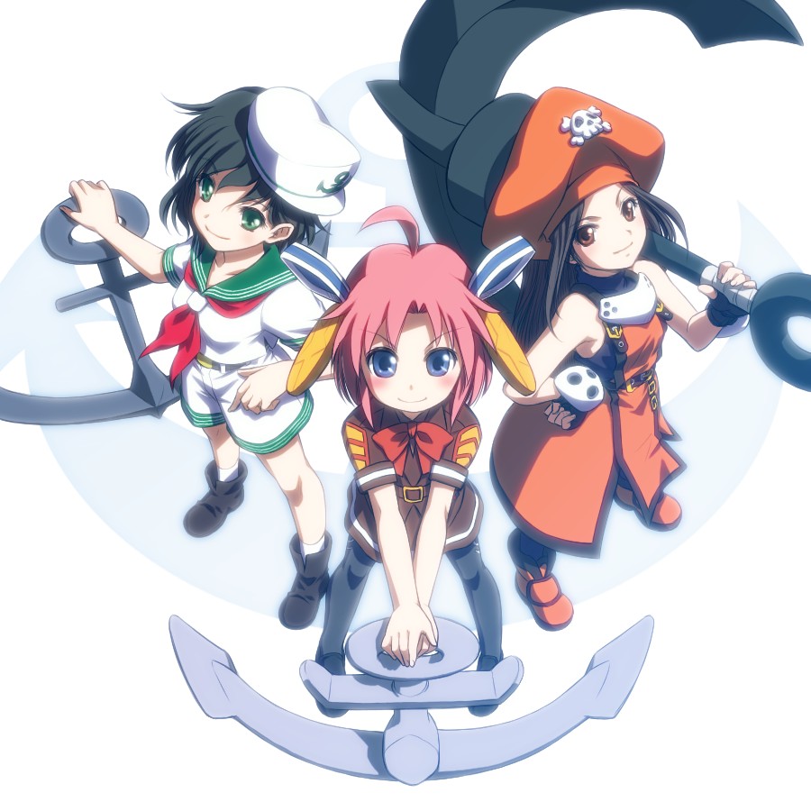 ahoge, anchor, black_hair, blue_eyes, brown_eyes, crossover, green_eyes, guilty_gear, hat, looking_up, maritan, may, may_(guilty_gear), military, military_uniform, multiple_girls, murasa_minamitsu, pantyhose, pink_hair, pirate, pirate_hat, pixel_maritan, sailor, sailor_collar, sailor_hat, short_hair, skull_and_crossbones, sokobe_hiyori, touhou, uniform, weapon_connection
