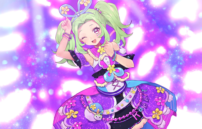 1girl, ;d, arm_up, bare_shoulders, blue_hairband, bracelet, commentary_request, cowboy_shot, dress, facial_mark, green_hair, hairband, hand_up, highres, jewelry, kiratto_pri_chan, long_hair, looking_at_viewer, morihayashi, one_eye_closed, open_mouth, parted_bangs, pretty_series, purple_background, purple_dress, rabbily_(kiratto_pri_chan), smile, solo, standing, star-shaped_pupils, star_(symbol), symbol-shaped_pupils, twintails