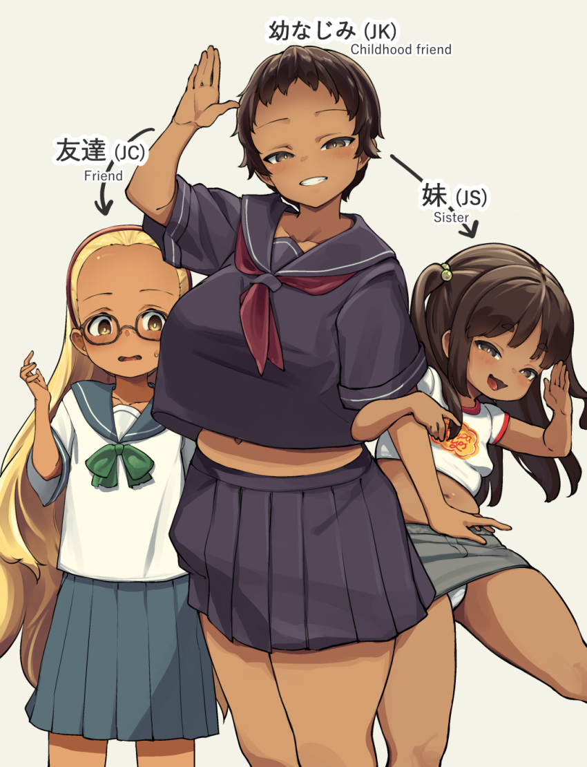 3girls, aqua_sailor_collar, aqua_skirt, arrow_(symbol), black_hair, black_serafuku, blonde_hair, bow