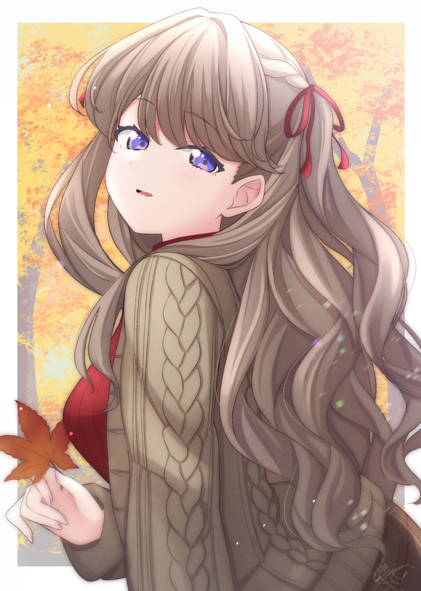 1girl, :d, autumn, autumn_leaves, border, breasts, brown_cardigan, brown_hair