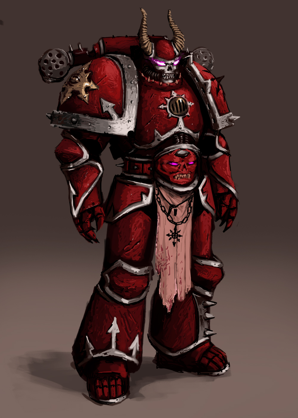 1boy, adeptus_astartes, armor, armored_boots, boots, brown_background, chaos_(warhammer), chaos_space_marine