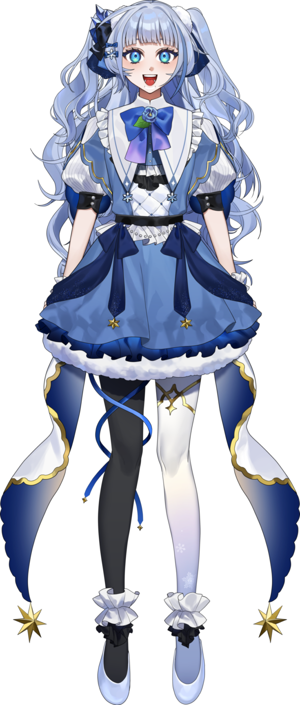 1girl, :d, artist_request, asymmetrical_legwear, black_pantyhose, blue_dress, blue_eyes, blue_hair, bond_en, bondlive, crystal_hair_ornament, dress, eira_azul, frills, full_body, highres, looking_at_viewer, mismatched_legwear, official_art, open_mouth, pantyhose, puffy_short_sleeves, puffy_sleeves, short_sleeves, smile, solo, standing, tachi-e, teeth, tongue, transparent_background, twintails, two_side_up, virtual_youtuber, white_footwear, white_pantyhose
