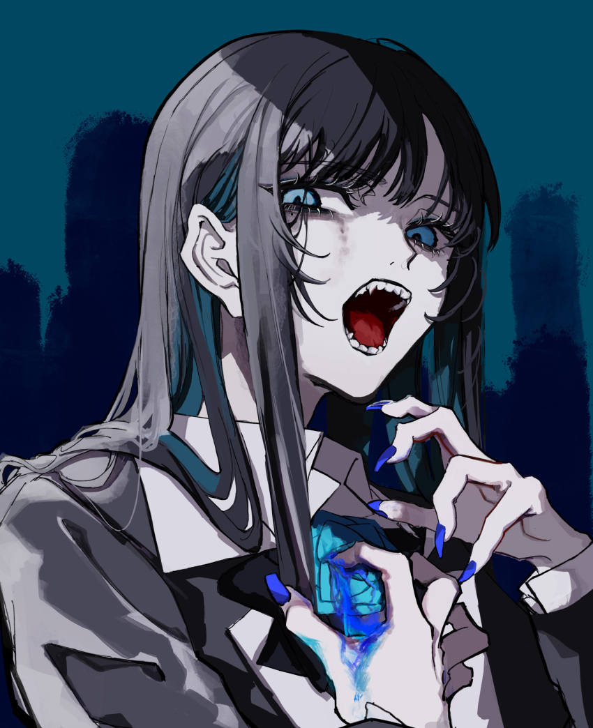 1girl, absurdres, ado_(utaite), black_hair, black_jacket, blue_hair, blue_nails, chando_(ado)