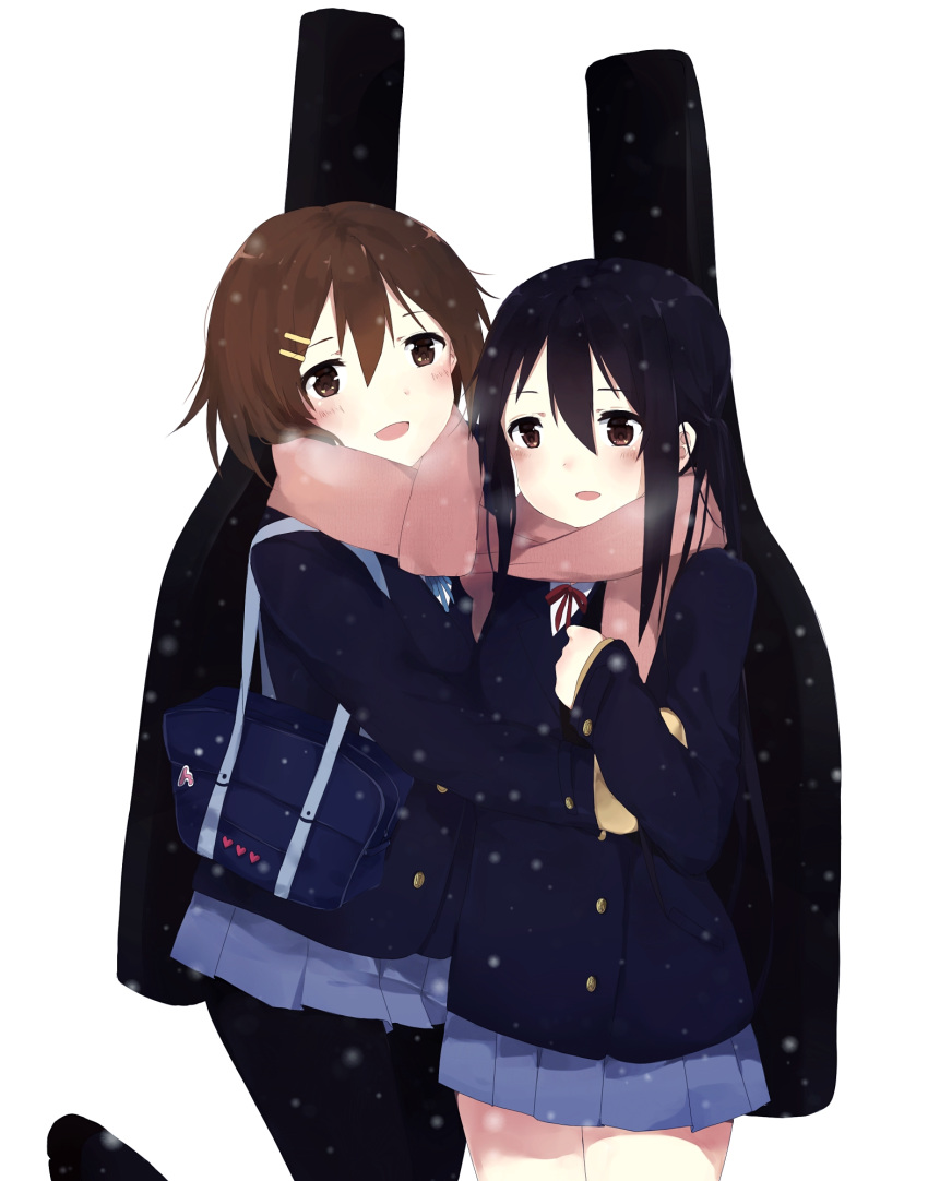 2girls, bag, black_hair, black_pantyhose, blue_jacket, blue_ribbon, blue_skirt, blush
