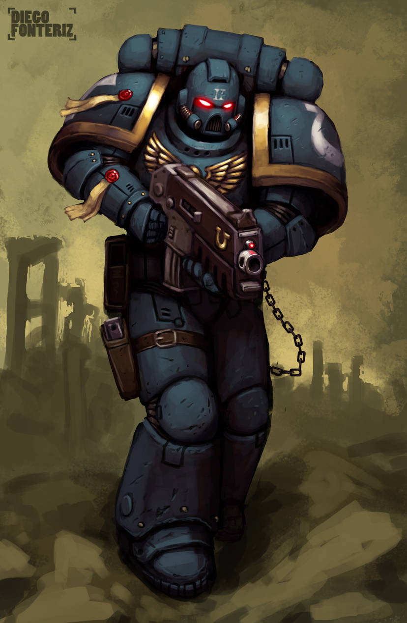 1boy, adeptus_astartes, armor, armored_boots, artist_name, bolter, boots, chain