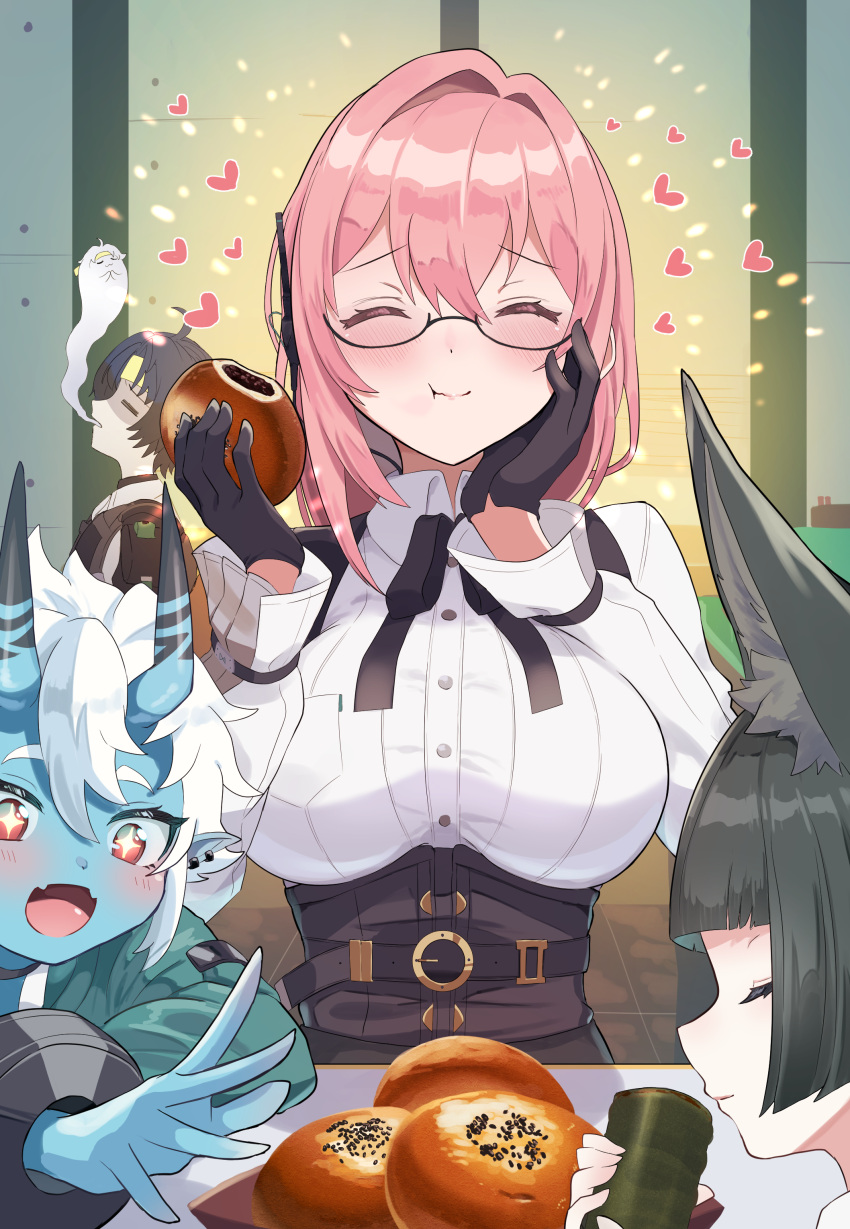 1boy, 3girls, absurdres, animal_ear_fluff, animal_ears, asaba_harumasa, black_gloves, blue_skin