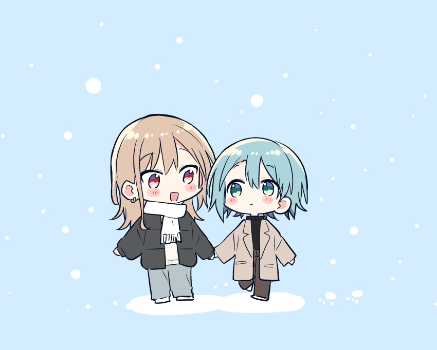 2girls, black_jacket, black_sweater, blue_background, blue_eyes, blue_hair, blush, brown_coat