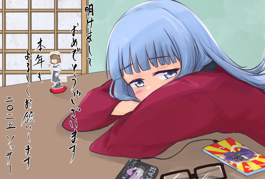 1girl, akeome, blue_eyes, blue_hair, blunt_bangs, cellphone, commentary_request, door