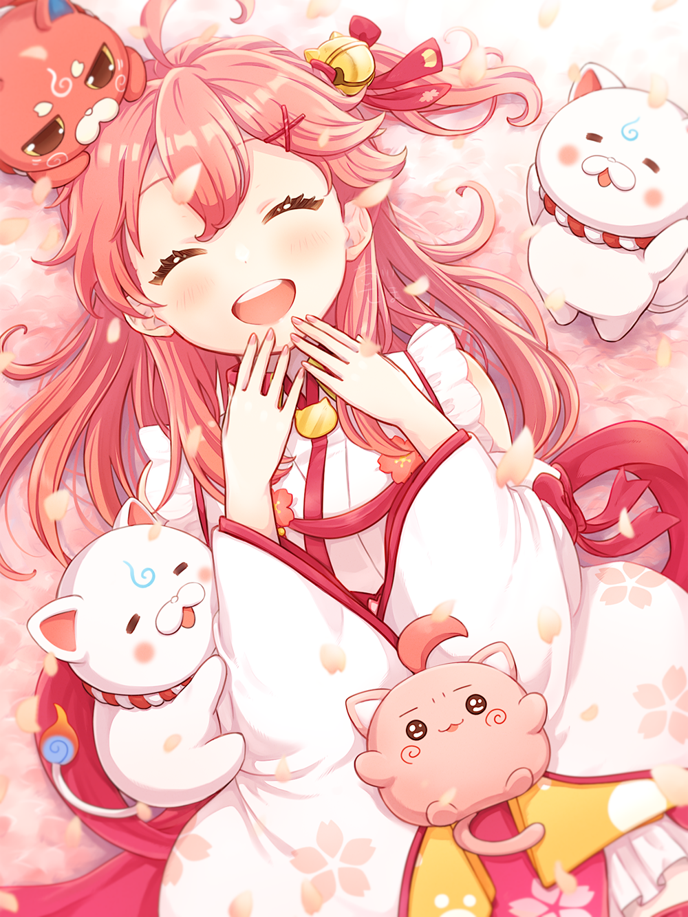 35p_(sakura_miko), ahoge, ashikawa_shiho, highres, hololive, kintoki_(sakura_miko), lying, maguchi_(sakura_miko)