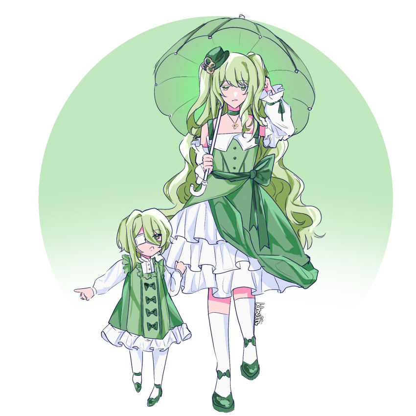 2girls, alternate_costume, artist_name, closed_mouth, dress, eyepatch, green_background, green_dress