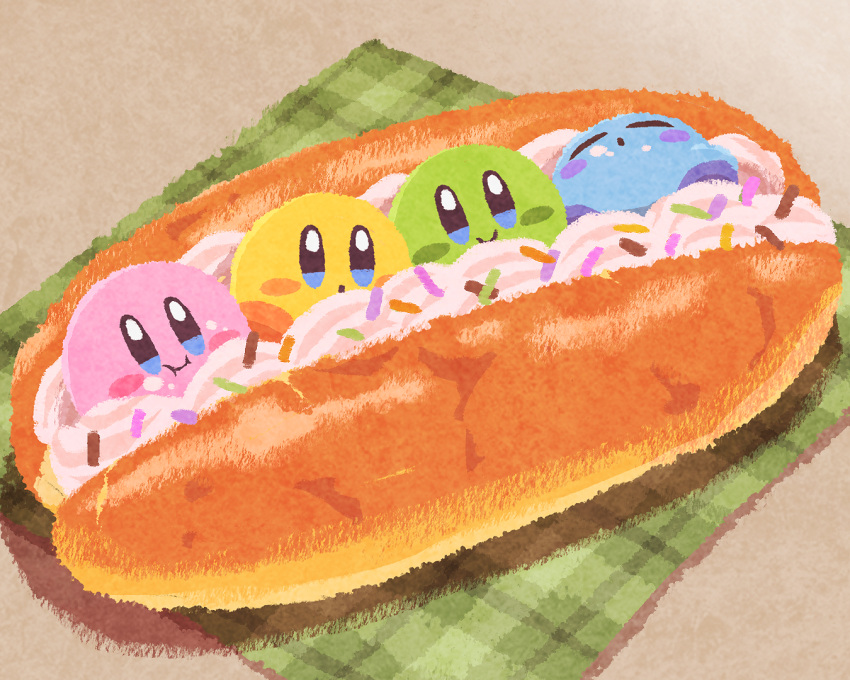 :o, blue_eyes, blue_skin, blush_stickers, closed_eyes, closed_mouth, colored_skin, commentary_request, cream, crumbs, eating, food, green_skin, kirby, kirby_(series), koppepan, miclot, no_humans, pink_skin, sleeping, smile, yellow_skin